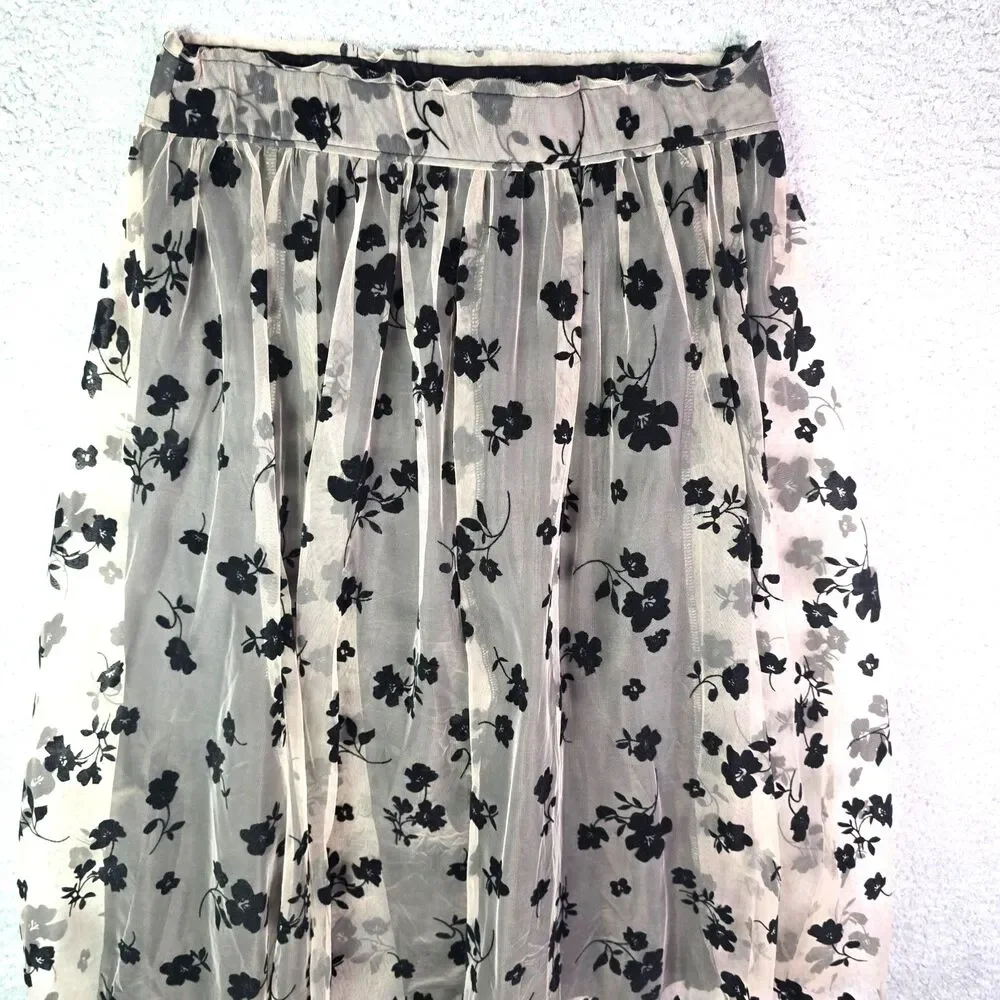 Cato Midi Skirt Cream Black Floral M Flocked Cottagecore Whimsygoth